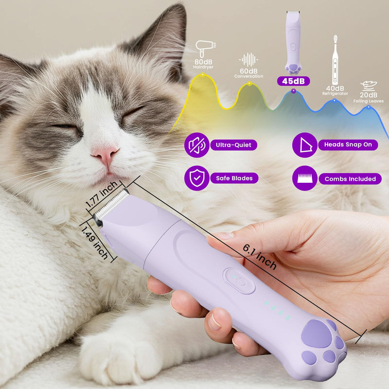 Dog Paw Trimmer - 4-in-1 Dog Clippers Grooming Kit with Low Noise & IPX7 Waterproof Design Includes Comb Paw Trimmer Nail Grinder - Rechargeable & Cordless Pet-Friendly Clipper (Purple) Lavender - PawsPlanet Australia