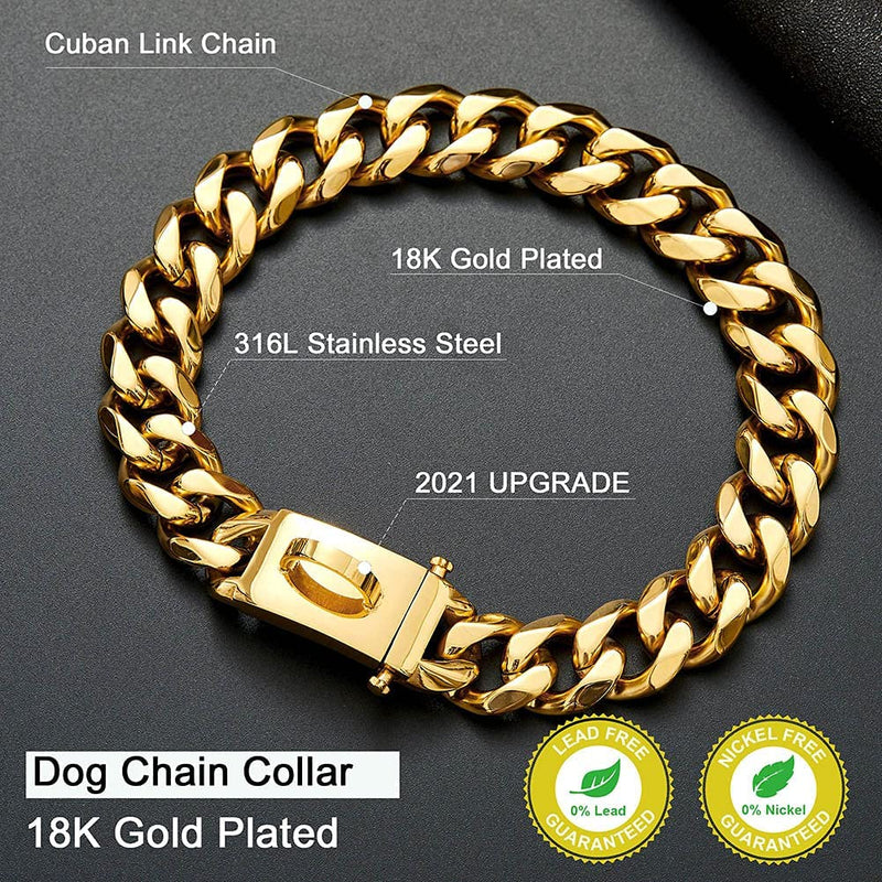 Gold Dog Chain Collar Walking Metal Chain Collar with Design Secure Buckle,18K Cuban Link Strong Heavy Duty Chew Proof for Medium Dogs(19MM, 18") 18 Inch (Pack of 1) - PawsPlanet Australia