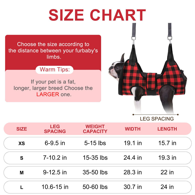 BEAUTYZOO Dog Grooming Hammock Harness for Nail Trimming - Adjustable Pet Restraint Sling for Small Medium Large Dogs/Cats -Secure Hanging Holder for Nail Clipping & Grooming (Christmas Buffalo Plaid) XS (Leg Spacing: 6-9.5" / Max W: 15lbs) Buffalo Red - PawsPlanet Australia