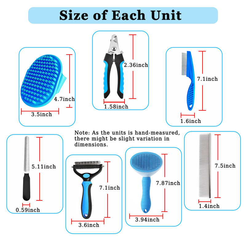 7PCS Dog Grooming Brush Kit for Shedding and Matted Fur, Self-Cleaning Slicker Brush with Undercoat Rake, Flea Comb for Long-Haired Pets, Blue - PawsPlanet Australia