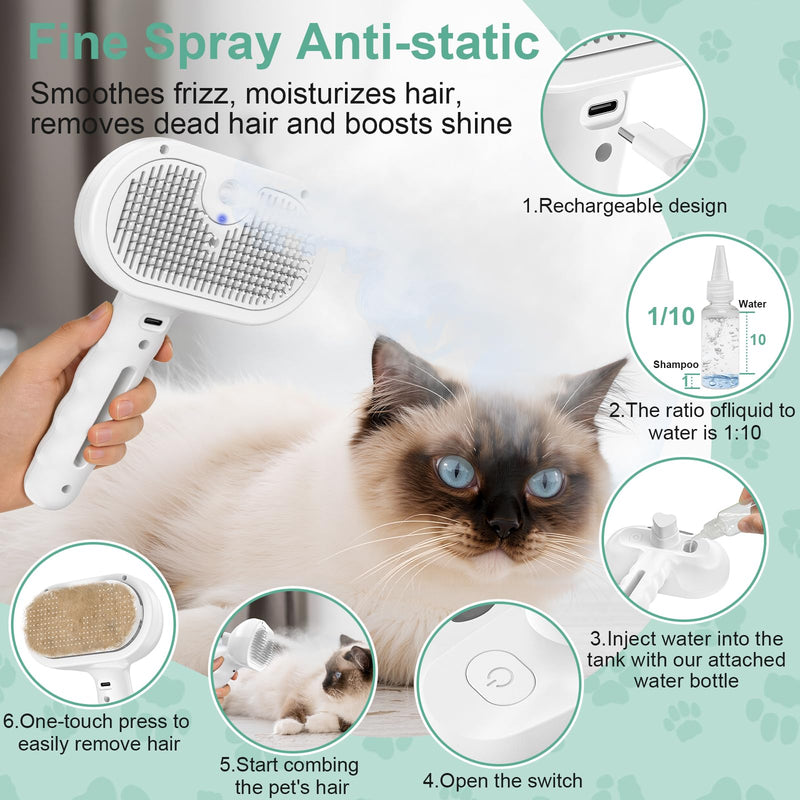 Dog Brush Cat Brushes for Shedding,Pet Steam Brush for Dogs Cats Spray Hair Removal Comb Steam Grooming for Long Short Haired Pets,Anti-Static Self Cleaning Grooming Tool Removes Loose Hair,white white