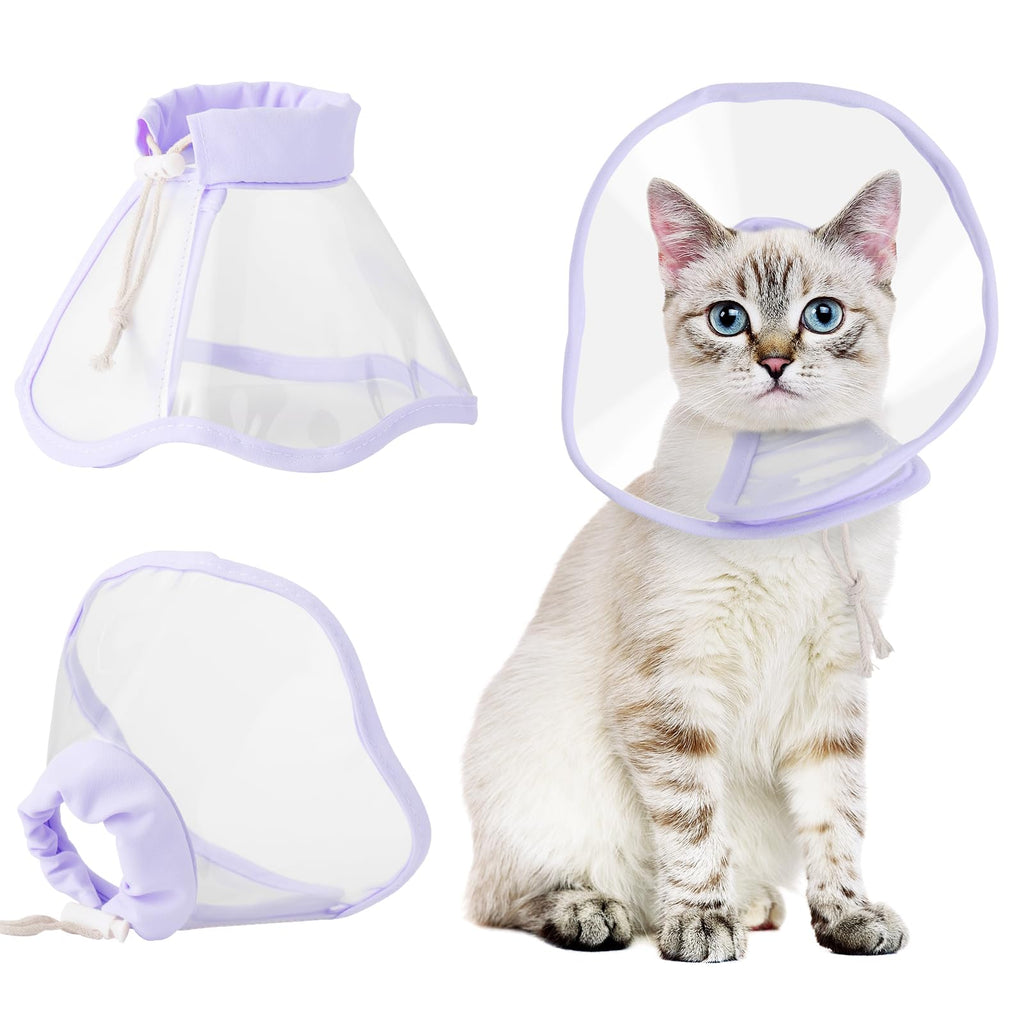 BENCMATE Cat Cone, Drawstrings Cat Cone Collar with Low Noise Fasteners, Transparent Cat Recovery Collar, Licking and Scratching Free Cone, Extra Soft Cat Surgery Collar (Purple,Medium) [Neck:9-10"] Medium Lavender - PawsPlanet Australia