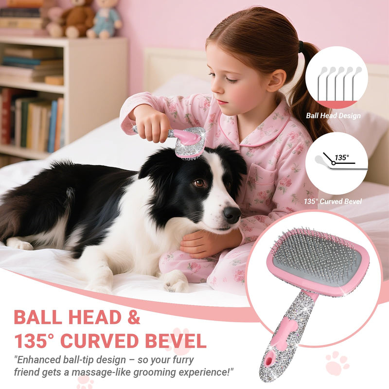 Pet Grooming Brush with Ceramic Clay Craft & Diamond-Embedded Design - Washable, 360° Rotating Head for Dogs/Cats.Large 16x10cm Large
