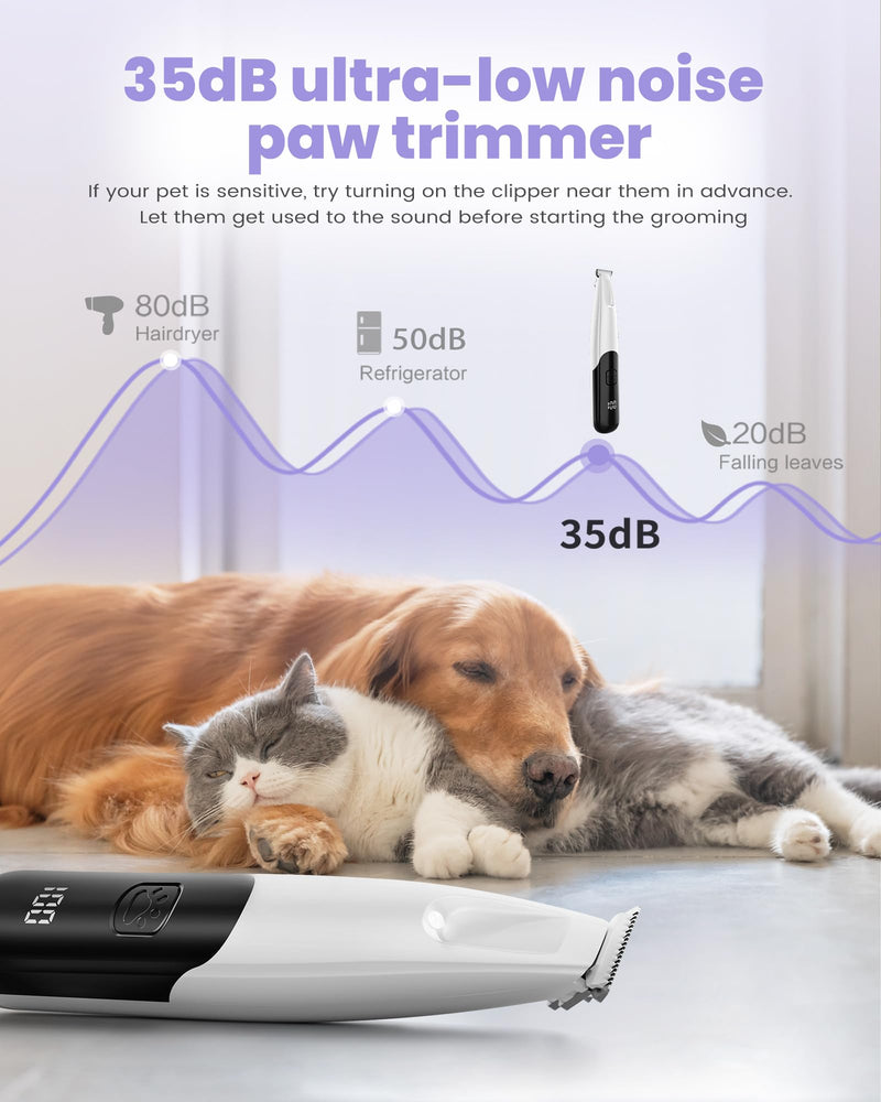 Dog Paw Trimmer with LED Light, 35dB Low Noise Paw Trimmers for Dog's Feet, 2 Speed Safety Electric Dog Clippers for Grooming, Rechargeable Cat Shaver for Paws, Ears, Face, Rump White - PawsPlanet Australia