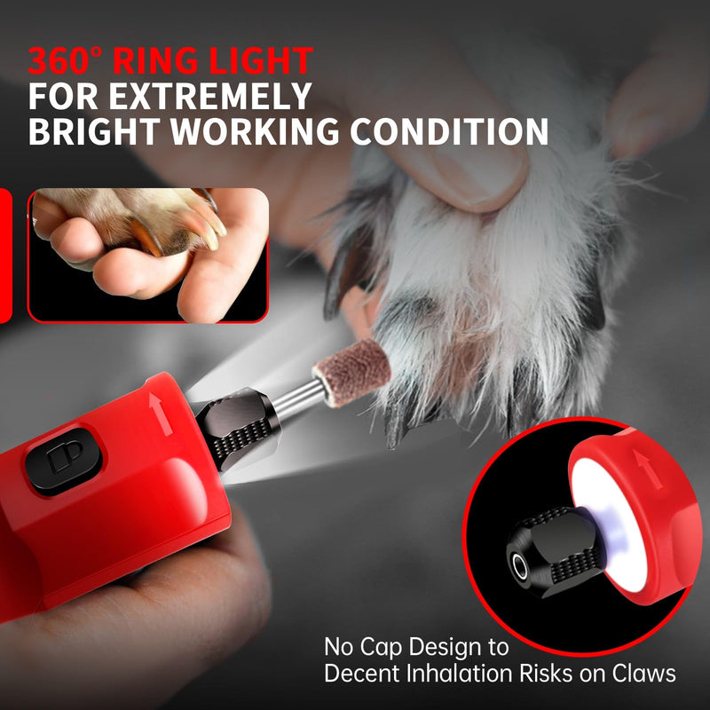 Dog Nail Grinder - Upgraded Pet Nail Grinder, Electric 5 Speeds LED Lights Ring Rechargeable Dog Nail Trimmers Kit, 40 Accessories Cordless Pet Nail Grinder for Dogs Cats and Small/Medium Animals Red - PawsPlanet Australia