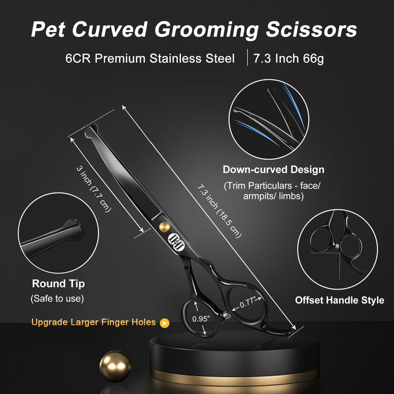 CIICII Dog Grooming Scissors Kit, 7 Inch Professional Pet Grooming Scissors Set with Safety Round Tip (Dogs/Cat Hair Cutting Trimming Thinning Shears with Curved Scissor) for DIY Home Salon (Black) Black Dog Grooming Scissors - PawsPlanet Australia