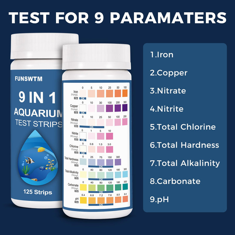 Aquarium Water Test Kit for Freshwater: 125ct 9 in 1 Aquarium Test Strips for Fish Tank Monitor pH Chlorine Hardness Nitrate, Nitrite,ect