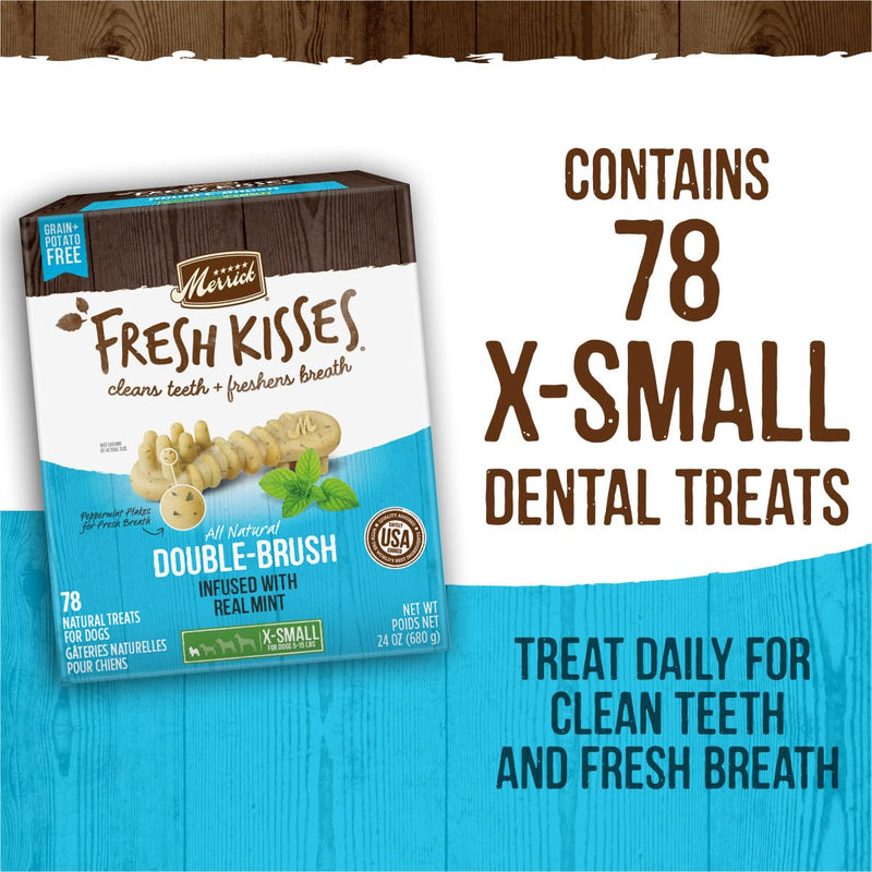Merrick Fresh Kisses Natural Dental Chews Toothbrush Treat Shape Infused With Real Mint For Tiny Dogs 5-15 Lbs - 78 ct. Box 78 Count (Pack of 1)
