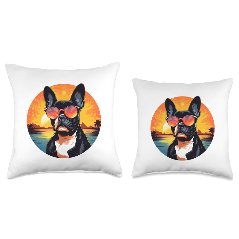 Boston Terrier Bostie Dog Breed Pet Designs Boston Terrier Bostie Dog Breed Pet with Sunglasses Throw Pillow, 16x16, Multicolor - PawsPlanet Australia