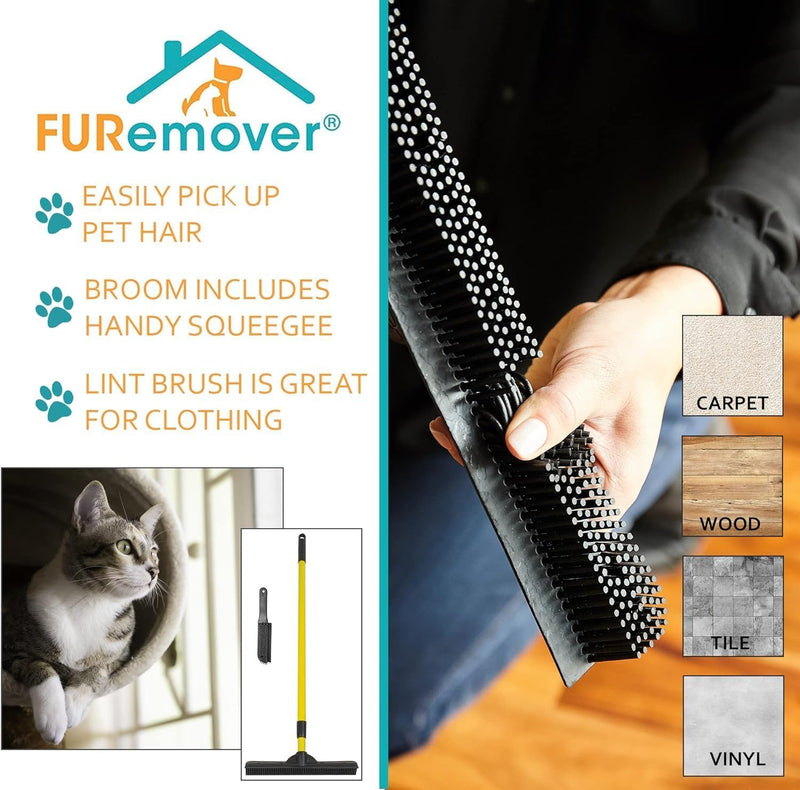 FURemover Original Pet Hair Rubber Broom with Squeegee, with 58” Telescopic Handle for Carpet, Tile and Hardwood and Handheld Lint Brush Combo Yellow - PawsPlanet Australia