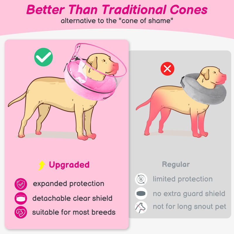 BARKLESS Inflatable Dog Cone, Protective Dog Surgery Collar to Stop Licking Biting Wounds, Patented Soft Donut Cone with Clear Shield, Adjustable Blow-up Collar for Surgery Recovery (Pink, S) Pink S (Neck: 5"-8")