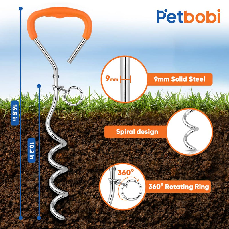 Petbobi Dog Tie Out Stake - 16″ Heavy Duty Dog Anchor for Yard Camping, 9mm Solid Steel, Soft Grip Handle Dog Spiral Stake with No Tangle Connect Ring for Small to Large Dogs Up to 120lbs, Orange