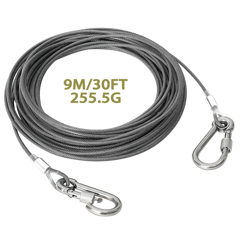 Dog Tie Out Cable 30FT Dog Runner for Stainless Steel Wire Dog Cable with Durable Superior Clips Gray Dog Chains for Outside Dog Lead for Large Dogs Up to 165 lbs - PawsPlanet Australia