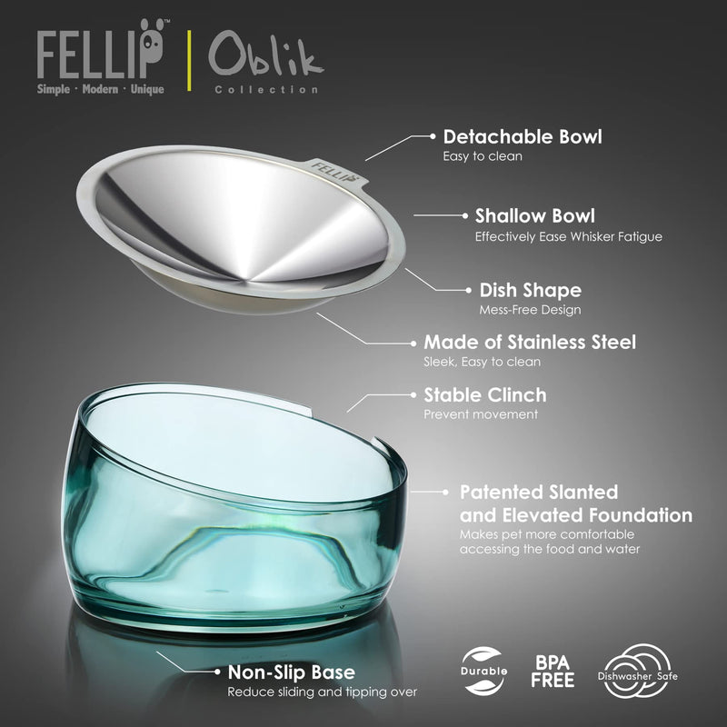 Felli Pet Oblik Anti Whisker Fatigue Cat Bowl Raised Stainless Steel Angled Wide Shallow Dish for Dry Wet Food, Vomit & Spill Proof Tilted Elevated Feeder Acrylic Base (0.5Cup, Classic) 0.5 Cups Shallow Dish