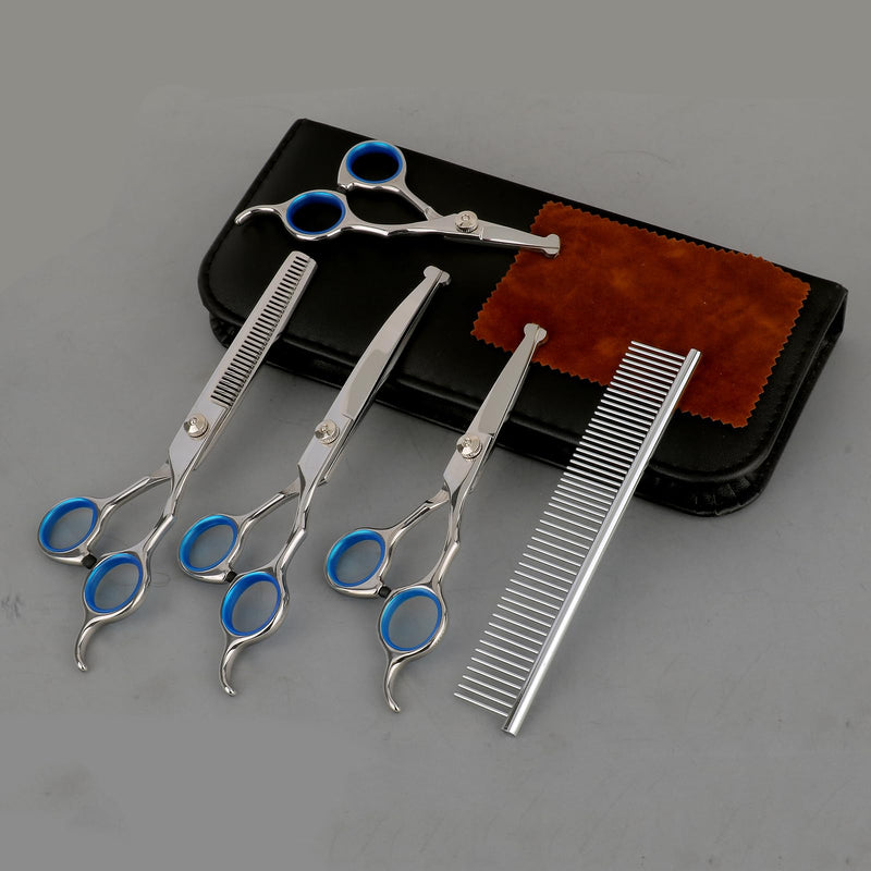 Dog Grooming Scissors Kit with Safety Round Tips, SUMCOO 6 in 1 Professional Dog Scissors Pet Grooming Trimmer Kit -Thinning Shears Straight & Curved Scissors with Comb for Dogs and Cats Blue Set of 5 - PawsPlanet Australia