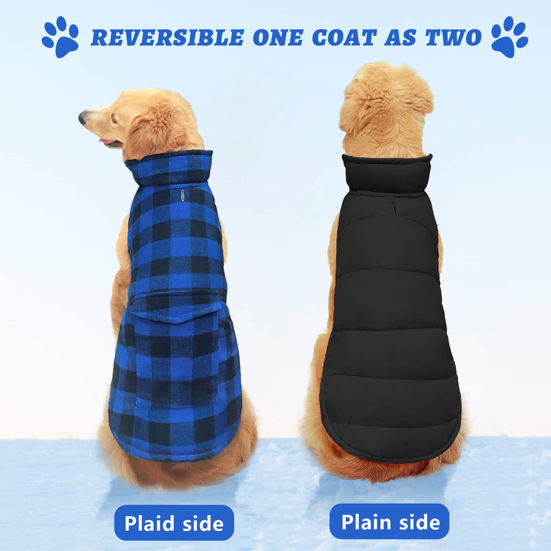 Malier Dog Winter Coat, Reversible Classic Plaid Waterproof Dog Winter Jacket Warm Dog Vest with Pocket, Cold Weather Windproof Dog Clothes Coat Apparel for Small Medium Large Dogs Blue XX-Large