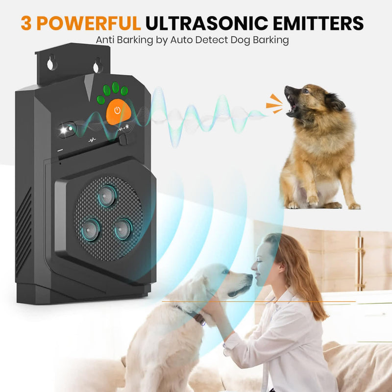 Automatic Anti Barking Device for Dogs, Ultrasonic Dog Bark Deterrent with 3 Emitters, 50Ft Range, No Shock Barking Silencer, IP66 Waterproof for Outdoor & Indoor Black