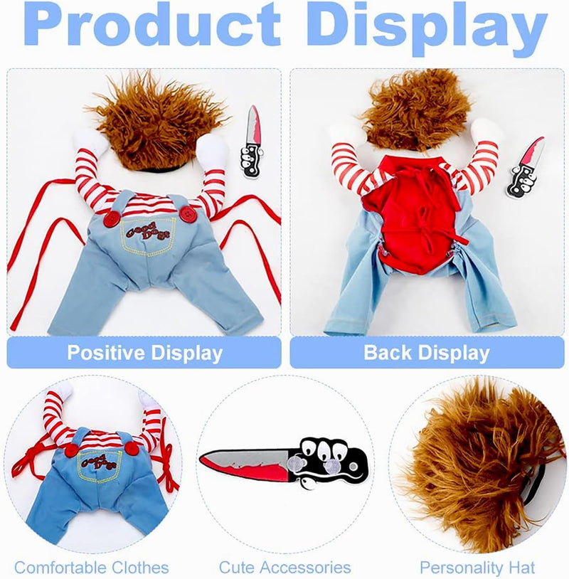 Pet Deadly Doll Dog Costume Scary Dog Costume Funny Dog Costume with Wig Fake Knife Adjustable Halloween Costumes for Small Medium Large Dogs