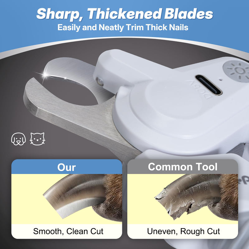 Dog & Cat Nail Clipper with 2 Adjustable Brightness LED lights, Safety Guard to Avoid Over-Cutting, Nail File, Extra Sharp Trimmer for Thick Pet Nails Grooming, Quick Sensor, Safety Lock, Rechargeable