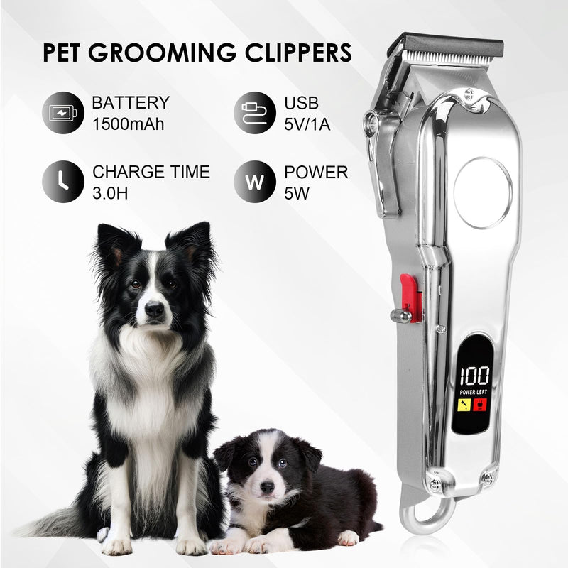 Professional Dog Clippers for Thick Hair, Low Noise Cordless Dog Grooming Clippers, Rechargable Pet Shaver Trimmer with LED Display/10 Guide Combs for Dogs Cats