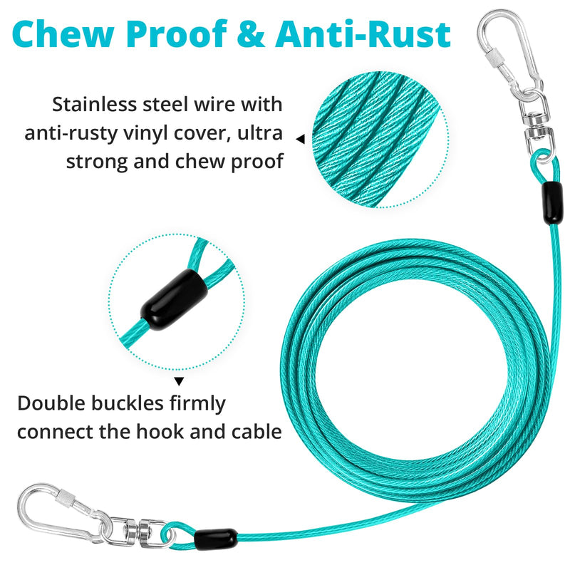 jenico Dog Tie Out Cable: 10 ft Dog Lead for Yard - Heavy Duty Chain Leash Outside for Small Large Dogs Up to 500 lbs - Outdoor Dog Runner Tether Teal 10FT