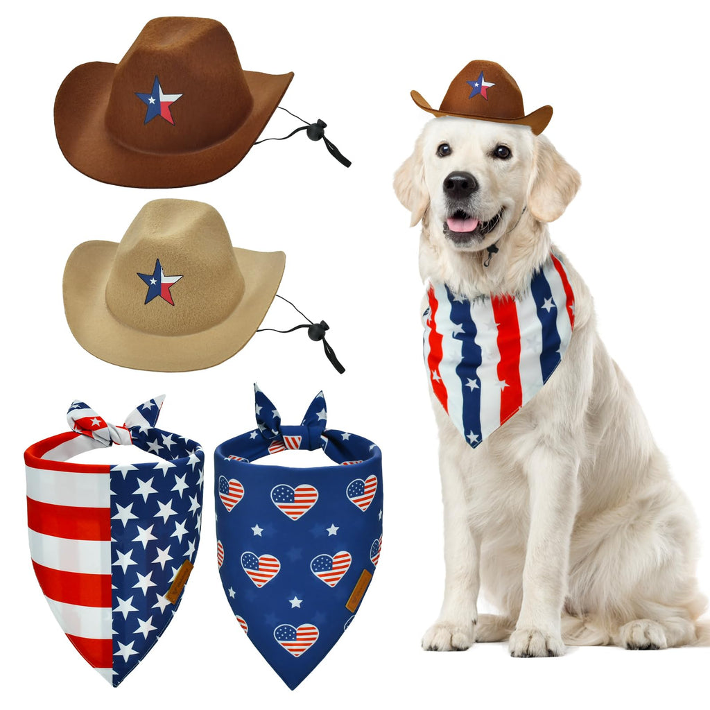 Vehomy 4th of July Pet Dog Costume - Dog Cowboy Hats with Star Décor Independence Day Dog Bandanas with American Flag Pattern 4th July Pet Hat and Scarf Outfit for Dogs Cats (4Pcs)