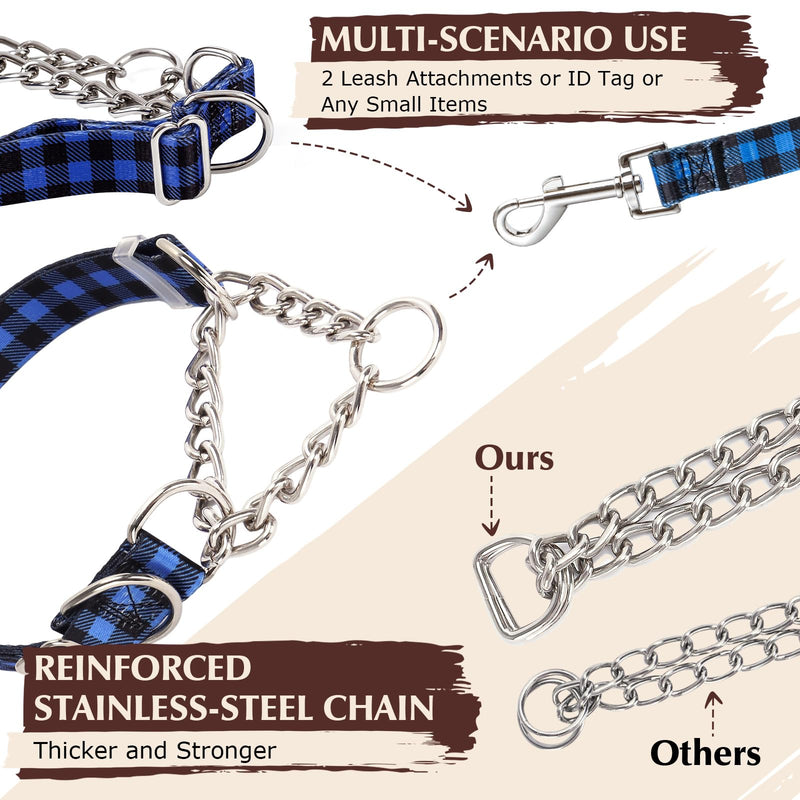 Martingale Collar for Dogs with Nylon & Steel Chain Limited Cinch Design, Blue Buffalo Plaid No Choke Dog Collar, Adjustable No Pull Dog Training Collar, Great for Training, Walking, Hunting (XL) 6 XL(Neck21"-25") - PawsPlanet Australia