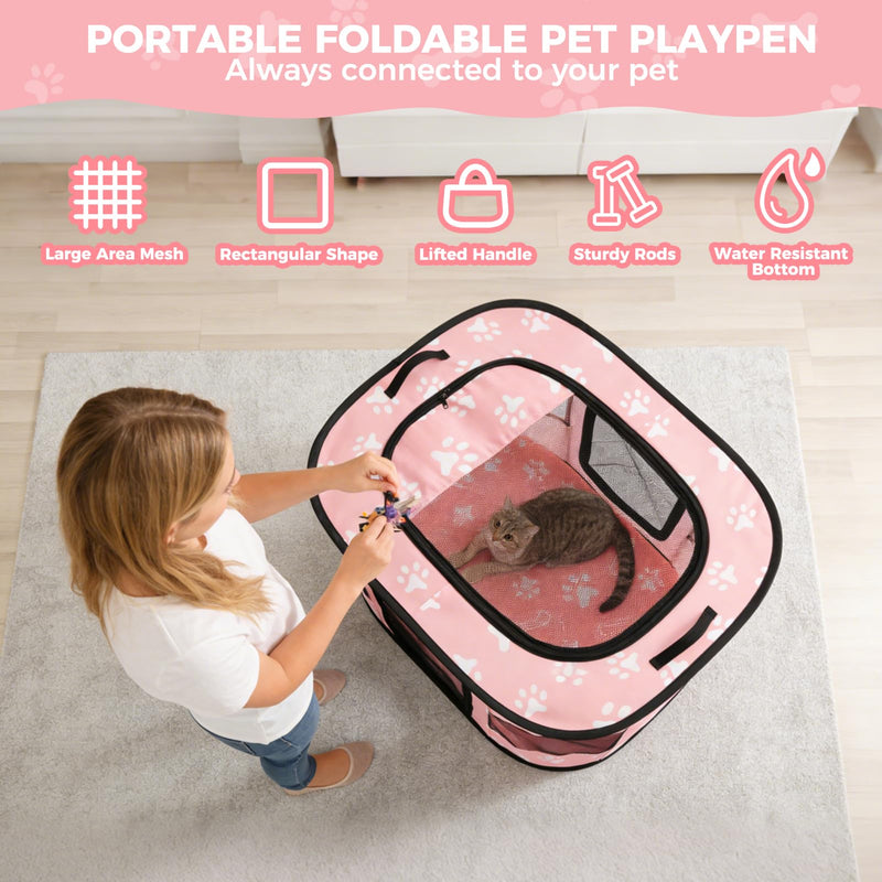 Homimp Portable Pet Playpen for Indoor Cats & Puppies, Foldable Dog Playpen Outdoor Tent Crate Cage with Pee Pad & Carry Bag, Pet Crate with Mesh Sides for Small Animals Travel, Pink S Small: 27.5"L x 21.6"W x 17.7"H