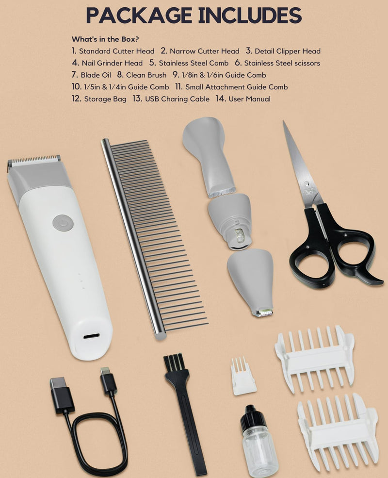 Dog Clippers Grooming Kit, 4 in 1 Quiet Cordless Dog Paw Trimmer & Nail Grinder, Small Dog Cat Clippers Electric Rechargeable Low Noise Pet Shaver for Trimming Hair on Paw Eye Ear Face Rump (Gray) Gray - PawsPlanet Australia