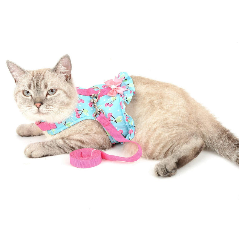 SMALLLEE_LUCKY_STORE Bow Cherry Print Cat and Small Dog Harness Dress with Leash for Girls Adjustable No Pull Escape Proof Soft Walking Jacket Waterproof Puppies Kitten Harness Vest Outdoor,Green XS XS(chest 12-13.5 Inch) blue cherry