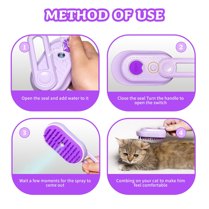 Spray Cat Brush for Shedding - Pet Grooming Brush with Steamer and Water Spray, Ideal for Cats and Dogs (Purple) Purple - PawsPlanet Australia