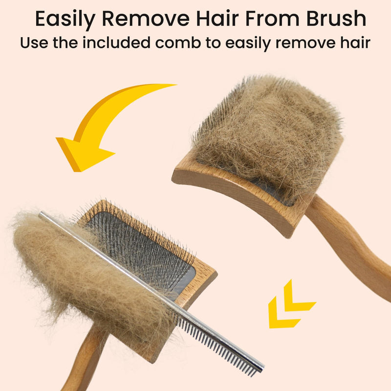 Dog Slicker Brush for Shedding,Dog Brush for Long Haired Dogs & Remove Tangles & Mats,Ergonomic Handle Grooming Like Professional,Beech Wood,M M