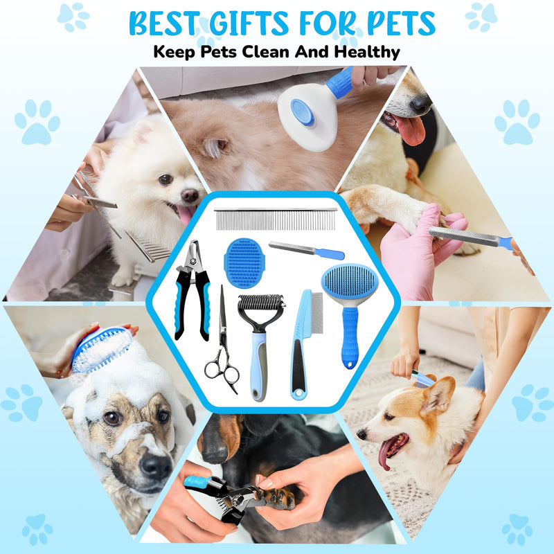 Dog Brush & Grooming Kit – 9-Piece Pet Brush & Deshedding Set for Shedding, Bathing, Trimming & Nail Care | Grooming Tools for Dogs & Cats, Includes Comb, Nail Clipper, Scissors, Slicker Brush (Blue) 9 PACK Blue - PawsPlanet Australia