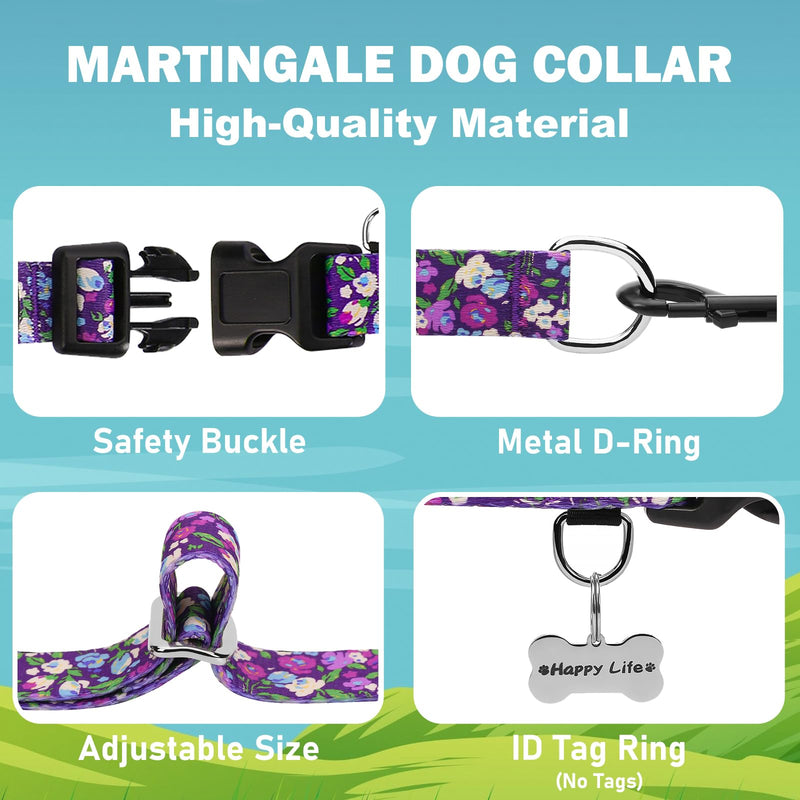 Martingale Collar for Dogs with Buckle Floral No Pull Training Dog Collars (Purple Floral, Medium) Purple Floral