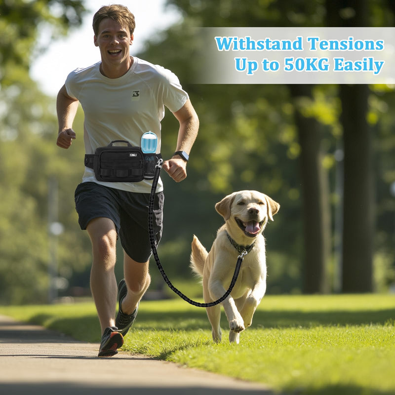 ETACCU Hands Free Dog Leash with Zipper Pouch, Waist Belt for Large Medium Dogs for Running, Walking, Jogging and Hiking, Dual Padded Handles and Durable Bungee - Black (1 Dog Black) 1 Dog Black - PawsPlanet Australia