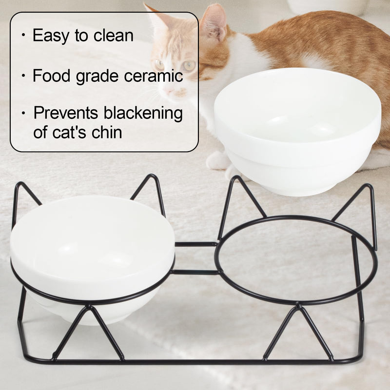 Elevated Tilted Cat Bowls for Indoor Cats，Raised Ceramic Cat Bowl Elevated 15°,Pet Feeding Bowls for Food and Water Anti Vomiting Bowl(Double Ceramics Bowls and Tilt Shelf) Suitable for All Cat Sizes - PawsPlanet Australia