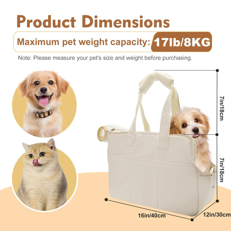 Dog Purse Carrier for Small Dogs Cats Puppies 17 lb Max, Breathable Mesh & Comfortable Strap, Dog Purse Carrier with 6 Pockets & Safety Leash Clip (Cream Color) - PawsPlanet Australia
