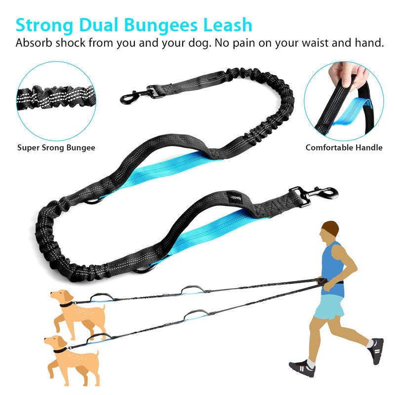 Hands Free Dog Running Leash with Adjustable Waist Belt, Dual Handle Elastic Bungees Retractable Rope for Medium and Large Dogs, Reflective Stitches for Walking Hiking Biking With Pouch for 2 dogs