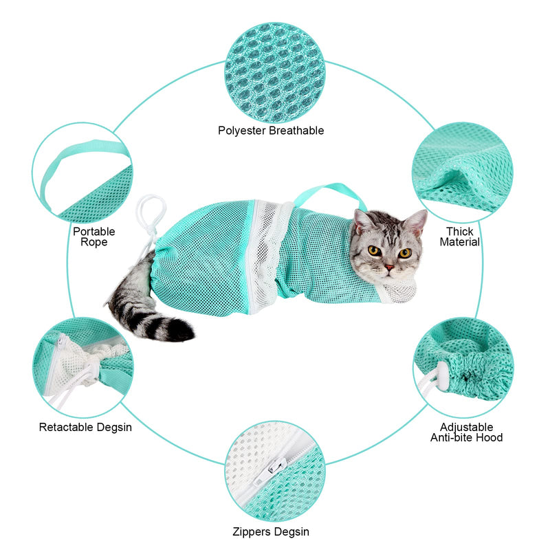 Cat Bag for Bathing Set with Cat Grooming Washing Bag Adjustable Pet Shower Brush - Cat Bathing Mesh Bag Anti Scratch Anti Bite Soft Durable for Cats & Dogs Restraint Grooming Nail Trimming Washing Green-DP