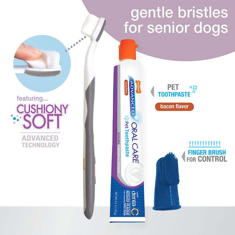 Nylabone Advanced Oral Care Senior Dog Dental Kit with Cushiony Soft-Bristle Toothbrush Senior 3 Count Bacon