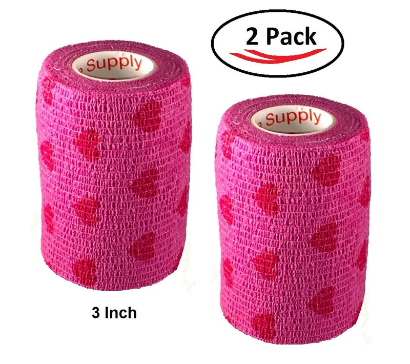 Vet Wrap Wrap Tape (Pink with Hearts) (2 Pack) (3 Inch x 15 feet) Self Adhesive Adherent Adhering Cohesive Flex Self Stick Bandage Grip Roll Dog Cat Pet Horse 2 Rolls