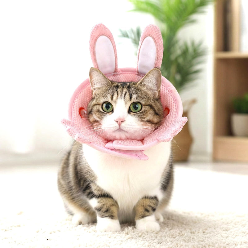 Nogeqi Soft Cone for Cats, Cute Rabbit Shape Cat Donut Collar, Adjustable Pink Cat E Collar, Lightweight Cats Cones to Stop Licking, After Surgery for Pets Small Dogs Kittes(M)