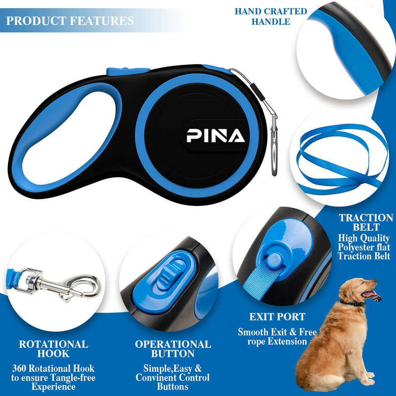 PINA Retractable Dog Leash, 26ft Dog Leash for Small Medium Large Dogs Up to 110lbs, 360° Tangle-Free Strong Reflective Nylon Tape, with Anti-Slip Handle, One-Handed Brake, Lock - Black Blue 26 ft