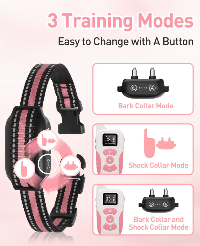 2 Dogs Bark Collar with Remote, 2-in-1 Bark and Shock Collar Combo, 3300Ft Dog Training Collar 2 Pack - Auto Anti Bark/Beep/Vibration/Shock, IP67 Smart E-Collar with 5 Adjustable Levels of Sensitivity Black+Pink - PawsPlanet Australia