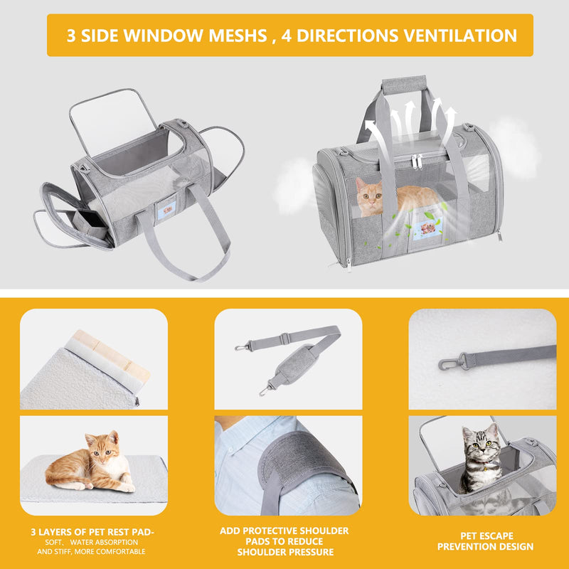 Cat Carrier, Dog Carrier, Pet Carrier Airline Approved for Small Dogs, Kitten Carriers Under 15lb, Collapsible Soft Sided TSA Approved Travel Carrier-Grey Grey - PawsPlanet Australia