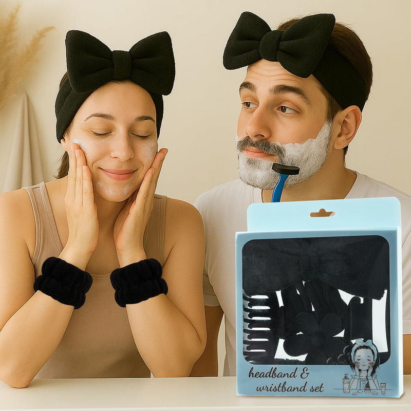 MAORULU 20PCS Spa Headband Set for Women Teens Girls with 4 Snap Hair Clips, 3 Cute Claw Clips, 10 Hair Ties, 2 Wristbands, 1 Headband, Face Wash Makeup Skincare Gift Box (Black, Large) Blacklack - PawsPlanet Australia