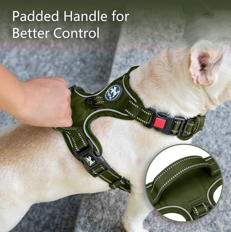PoyPet No Pull Dog Harness, No Choke Reflective Dog Vest, Adjustable Pet Harnesses with Easy Control Padded Handle for Small Medium Large Dogs(Military Green,M) Military Green