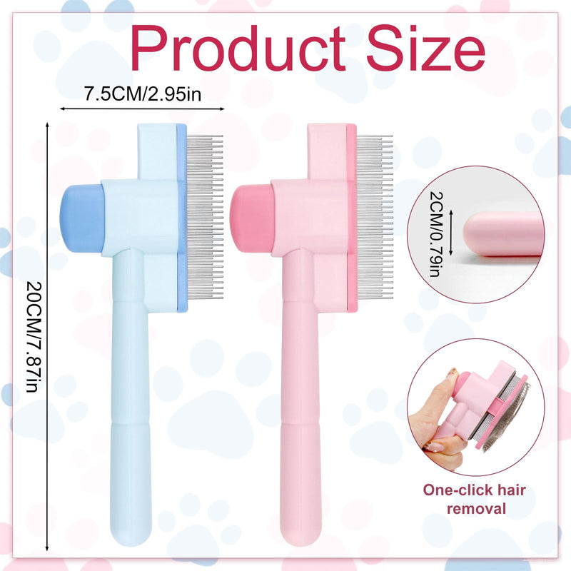 2pcs Self-Cleaning Cat & Dog Brush, Stainless Steel Pet Shedding Hair Removal Comb Cat Grooming Brush Pet Hair Removal Tool for Long Haired Cats & Dogs (Blue, Pink)