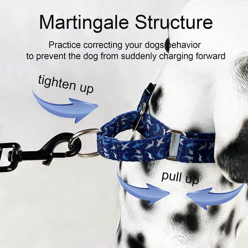 Martingale Collar for Dogs with Buckle Shark Dog Collar Adjustable Soft Nylon Boy Dog Collars for Large Dogs, Deep Blue Shark - PawsPlanet Australia