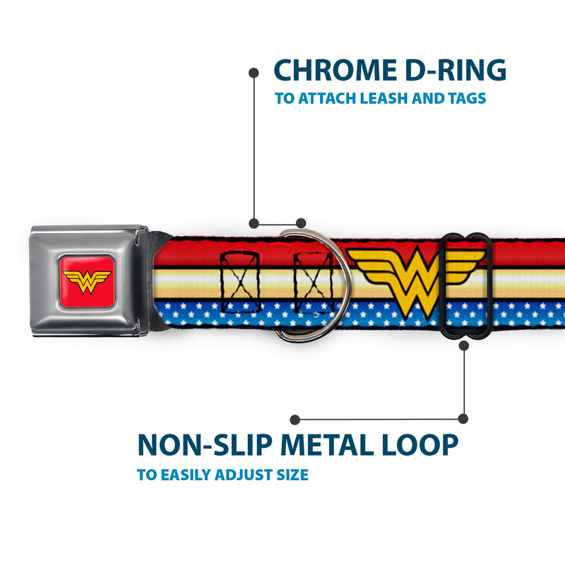 Buckle Down DC-WWW040-WS Seatbelt Dog Collar, Wide Small, Wonder Woman Logo Stripe/Stars Red/Gold/Blue/White (repeat WW logo) 1.5" Wide - Fits 13-18" Neck - Small Wonder Woman Logo Stripe/Stars Red/Gold/Blue/White (repeat WW logo) - PawsPlanet Australia